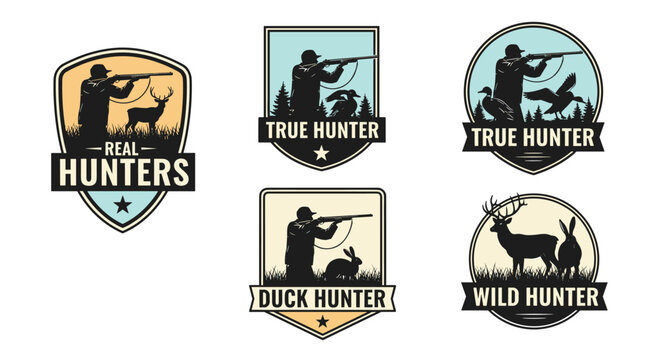 Collection of true hunter badges and vintage labels featuring hunter silhouettes targeting deer, wild rabbits, and flying ducks.