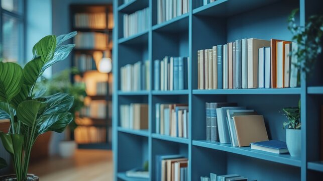 A bookshelf filled with books in a modern library or home office.