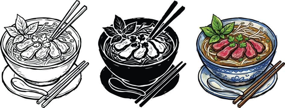 Collection of Vietnamese Pho soup illustrations hand-drawn sketch and color vector art for culinary design isolated on white