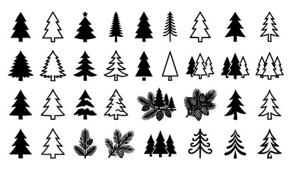 Obraz premium Pine and Fir Tree Icon Set Evergreen Forest Silhouette Vector Collection