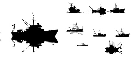 Fishing Trawler with Net Boom Silhouette Simplified Vector Icon Pack © 99___Designer