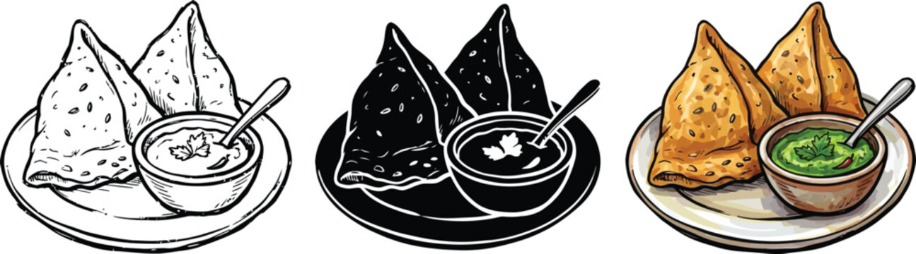 Collection of samosa illustrations including line art silhouette and full color perfect for food blogs menus and culinary designs