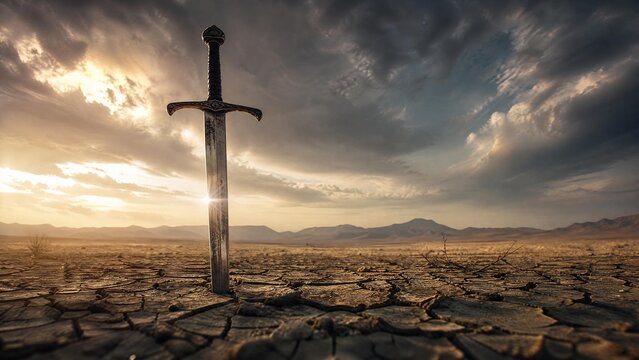 longsword. A medieval longsword plunged into cracked earth under sunlight. event programs, museum guides, designed for cultural heritage projects and event programs, elevates cultural identity.