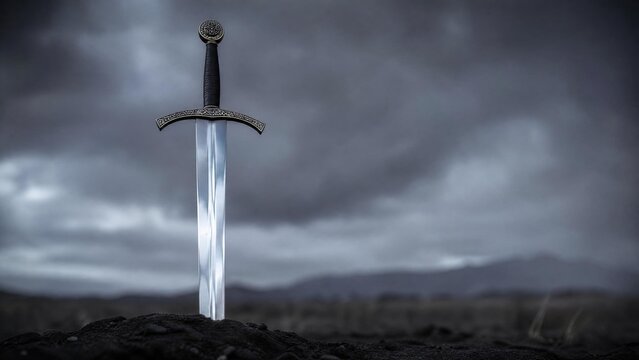 longsword. A medieval longsword driven into dark soil, its blade reflecting an overcast sky. event programs, museum guides, designed for cultural heritage projects and event programs.