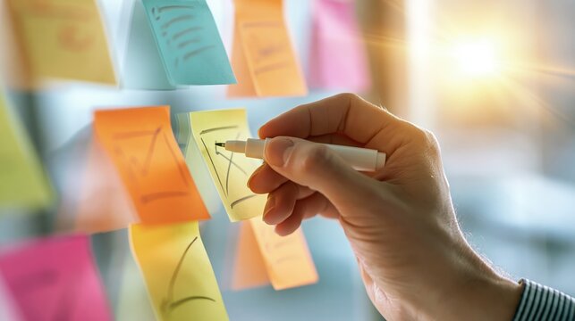 Hand creating new idea on sticky note during an agile sprint planning meeting. Concept of project management and teamwork