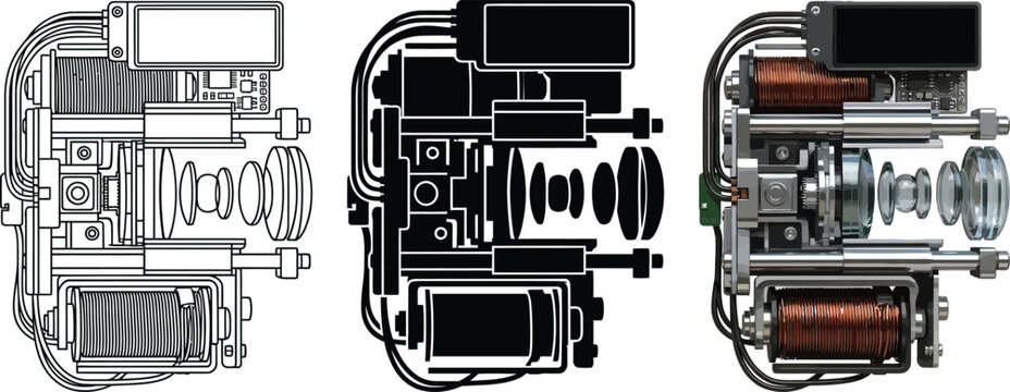 Exploded view of a camera mechanism showing internal components and lens assembly in technical illustration and silhouette styles isolated on white