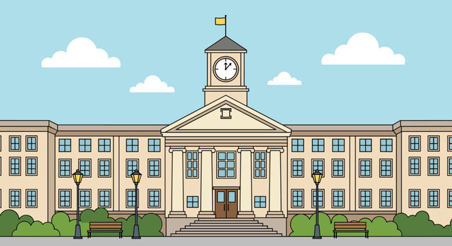 Classic architecture of a school or university building with a central clock tower, column entrance, and green park.