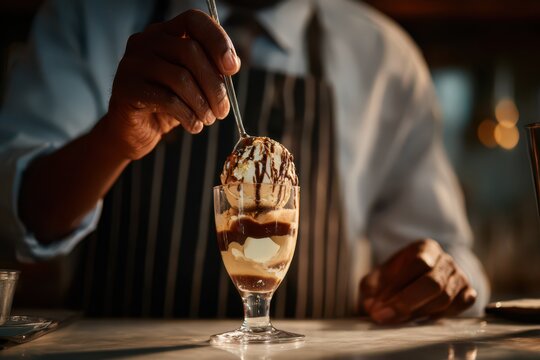 Chocolate ice cream sundae with vanilla scoop and chocolate drizzle in a glass for world chocolate day menu banner and dessert background