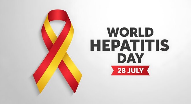 World hepatitis day concept with red and yellow awareness ribbon on a clean white background