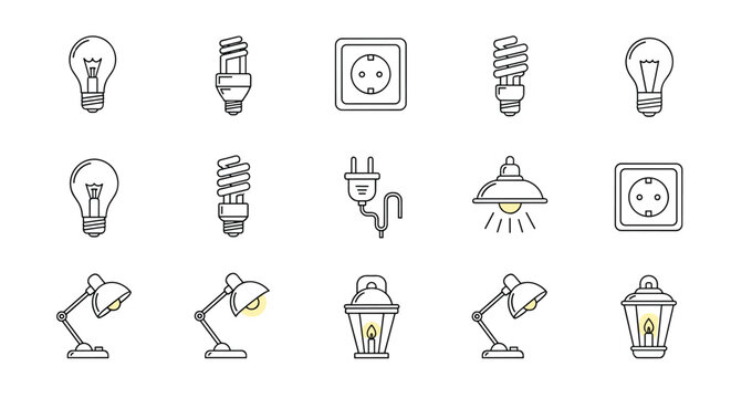 Collection of modern outline icons featuring various types of light bulbs, power outlets, plugs, and desk lamps for energy concepts.