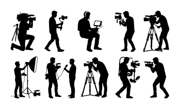 Collection of professional videographer and cameraman silhouettes capturing various film production scenes on white background
