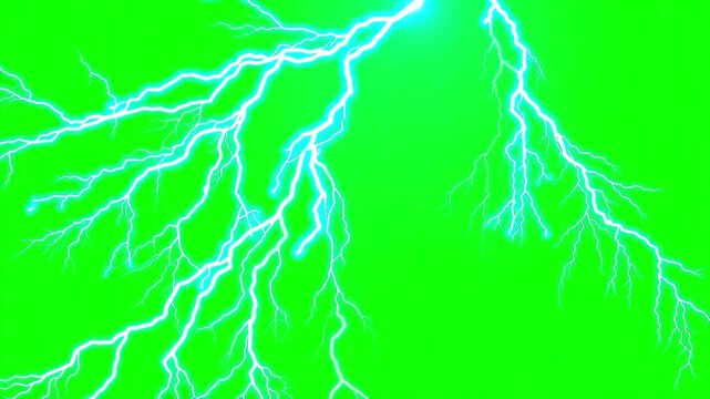 Blue lightning striking on empty green screen background, powerful electric energy effect with dramatic flashes, isolated for chroma key compositing, visual effects and motion graphics projects