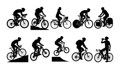 Fototapeta premium Black Silhouette Collection Featuring Diverse Bicyclists Riding Various Mountain Racing and Commuter Bikes for Sports and Active Lifestyle Concepts