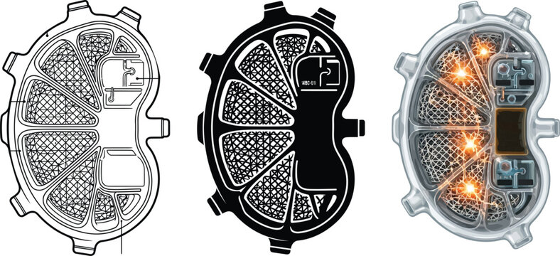 Collection of futuristic device schematics blueprint and rendered views of a complex technological component conceptual science fiction illustration