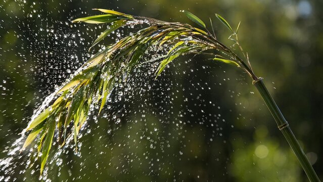 flinging. A flexible bamboo branch recoiling, flinging water droplets into the air. gardening catalogs, home-decor guides, designed for home decor and floral branding, used by procurement managers.