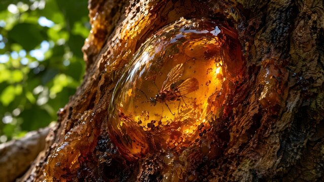 copal. Golden amber copal resin trapped in tree bark containing a preserved insect. gardening catalogs, home-decor guides, designed for home decor and floral branding, used by nutritionists.