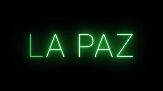 Flickering neon green glowing la paz sign animated black background.