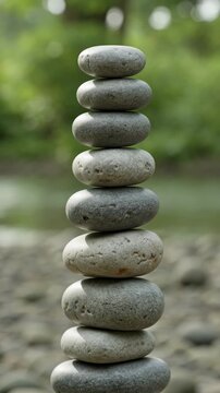 Stone cairn symbolizing balance and harmony in nature with smooth river pebbles stacked in a delicate zen tower for meditation, relaxation, and mindfulness