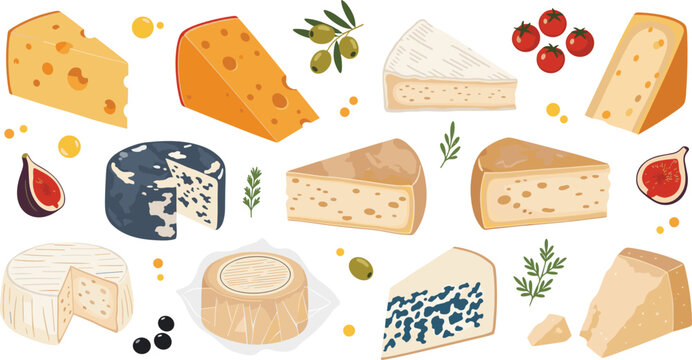 Gourmet cheese vector illustration set with various dairy types parmesan brie gouda blue cheese olives and figs for appetizer menu design.