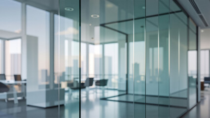 Modern glass office partitions in open plan corporate workspace with city skyline view © artisticdesign-001