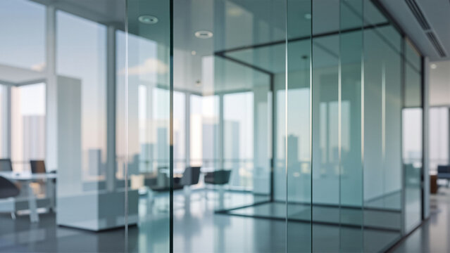 Modern glass office partitions in open plan corporate workspace with city skyline view