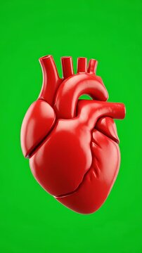 Red Heart Healthcare Symbol Green Screen - A vibrant red, anatomically correct heart symbol floats against a solid green background.
