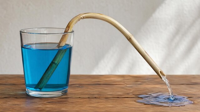 siphon. Hollow reed demonstrating siphon principle with water flowing through. STEM education sheets, lab safety posters, designed for STEM education and laboratory safety posters.