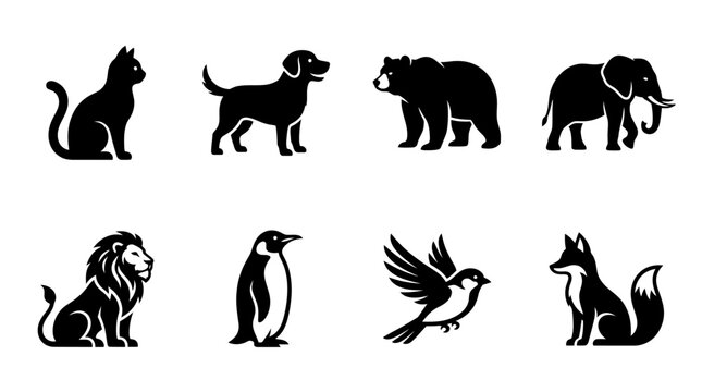 Minimalist animal silhouette icons, set of 8 black vector wildlife symbols, clean pet and zoo animal graphics for logo design and branding