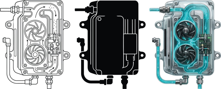 Set of three liquid cooling system components including schematic silhouette and detailed render with blue coolant for PC hardware and technology concepts