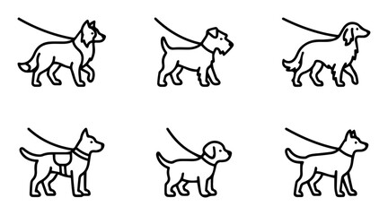 Fototapeta premium Dog Walking Icons Set, Canine Companions on Leash, Pet Care Vector Graphics, Animal Silhouettes Collection