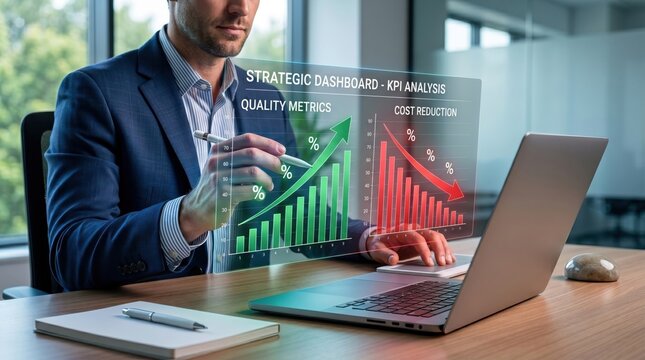 Business executive analyzing strategic dashboard with KPI analysis showing quality metrics increase and cost reduction on transparent digital screen interface