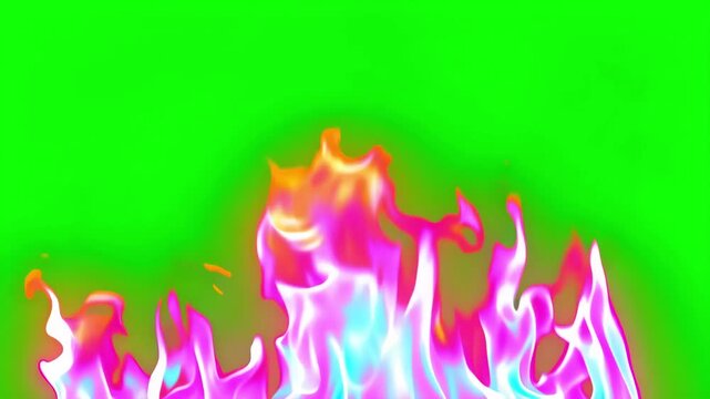 Colorful neon flames burning on empty green screen background, vibrant fire animation with glowing rainbow colors, isolated for chroma key compositing, visual effects and motion graphics projects