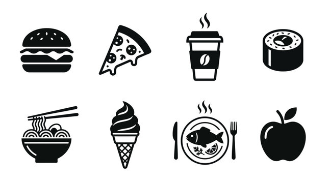 Collection of icons representing a variety of food and drink items, including a burger, pizza, coffee, sushi, noodles, ice cream, a meal, and an apple