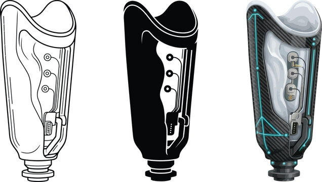 Prosthetic leg designs including a technical blueprint a silhouette and a modern futuristic concept with circuitry isolated on white background