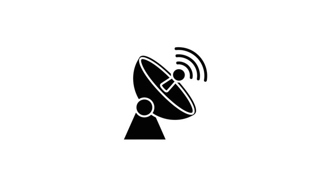 Black satellite dish icon transmitting signals on white background