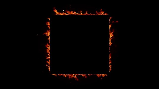 Burning Fire Frame Overlay on Black Background, Realistic Flame Border Animation for VFX, Cinematic Transition Effect, Alpha Channel, 4K UHD Video