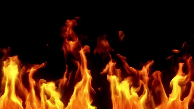 Realistic fire flames burning on black background, hot blaze animation overlay, dynamic flame effect for vfx, cinematic transition, 4k video