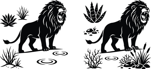 Lion Head Vector Emblem Set with Black Fury Animal Silhouettes, Ocean Bubbles, and Aquatic Plants © Jebin