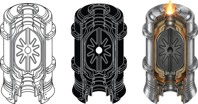 Set of three futuristic reactor designs including outline silhouette and cutaway view with glowing core ideal for sci-fi concepts and energy technology