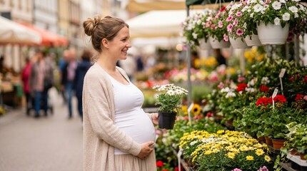 Fototapeta premium Pregnant woman shopping for flowers at outdoor market, happy expectant mother choosing plants, maternity lifestyle in sunny street fair
