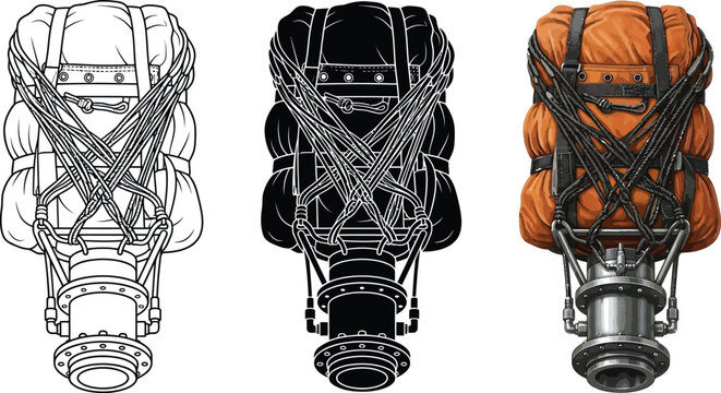 Collection of parachute pack illustrations technical drawing silhouette and realistic rendering for aviation or survival concepts isolated on white