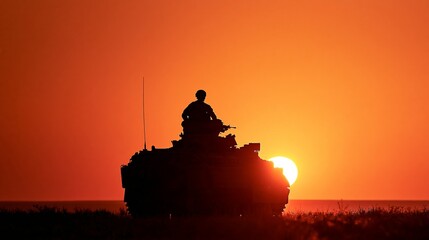 Obraz premium Soldier riding armored vehicle, silhouette against vibrant sunset, military mission, dramatic horizon
