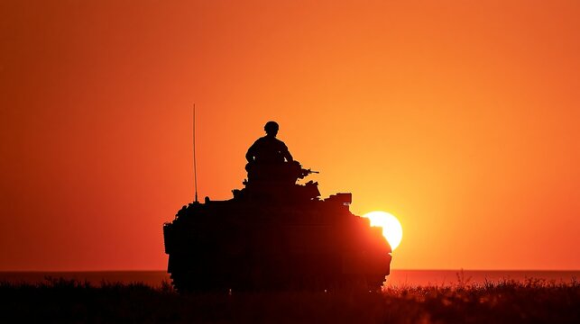 Soldier riding armored vehicle, silhouette against vibrant sunset, military mission, dramatic horizon