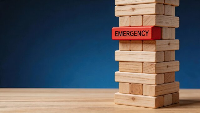 Emergency fund concept represented by red block in wooden tower stack, financial stability, savings and crisis management idea