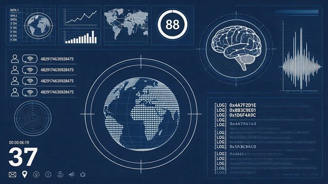 Futuristic blue digital dashboard interface with world map, brain scan, graphs, charts, data logs, sound waves, global network connection, cybersecurity monitoring screen,