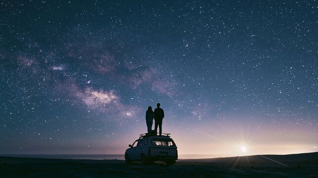 Couple stargazing on car roof, enjoying vast starry night sky and coastal landscape exploring universe