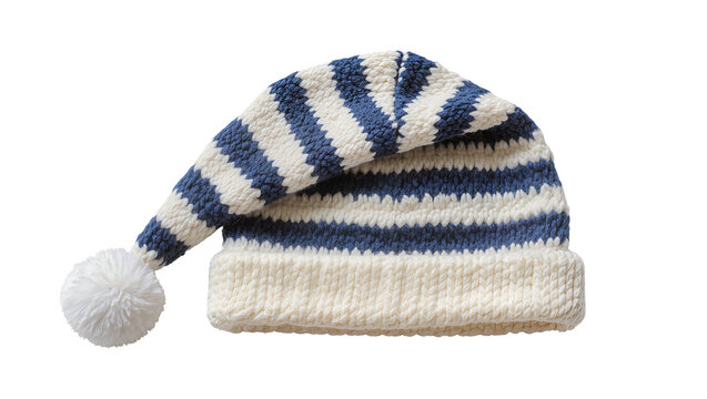 Blue and white striped knitted sleeping cap with pompom, isolated on transparent background