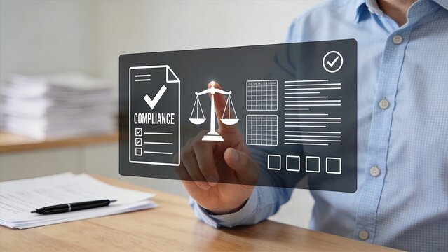 Business hand interacting with virtual compliance checklist and legal scales, corporate governance, regulatory audit, risk management and policy adherence concept