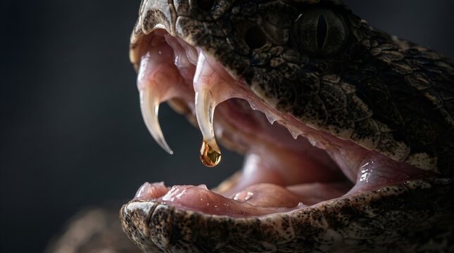 
A close-up image of a snake with fangs bared, showcasing a droplet of venom hanging from its mouth against a dark background.