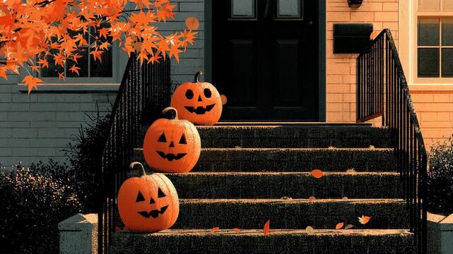Illustration of Halloween pumpkins on front porch stairs beside a welcoming door, autumn seasonal design featuring orange leaves, cozy fall decorations and festive holiday atmosphere